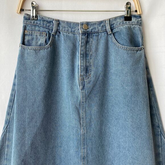 DR2 Daniel Rainn A-line Denim Maxi Skirt Women M Acid Wash Blue Raw Hem‎ NWT - Picture 3 of 11